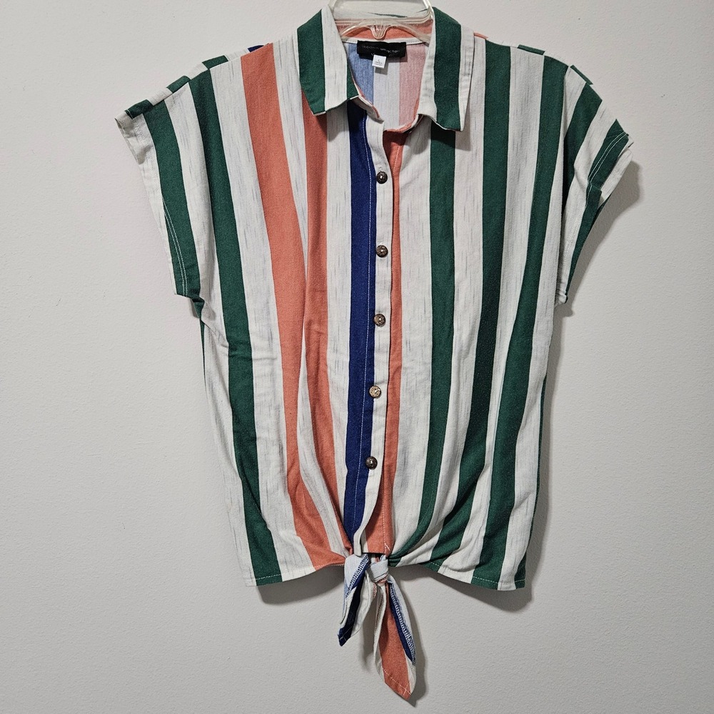 Modern Attraction Womens Striped Tie Front Button Down Blouse Green Orange L‎